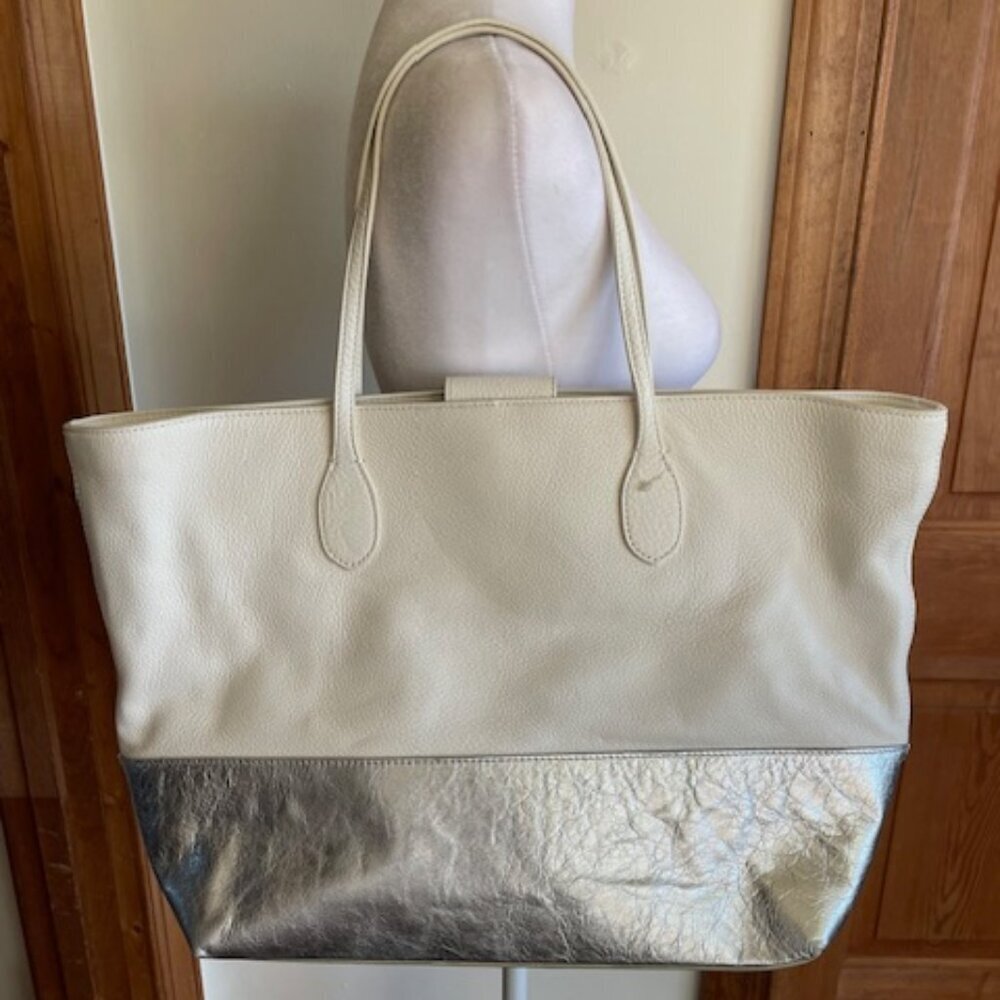 TALBOTS Leather White Silver Large Tote Bag NWOT